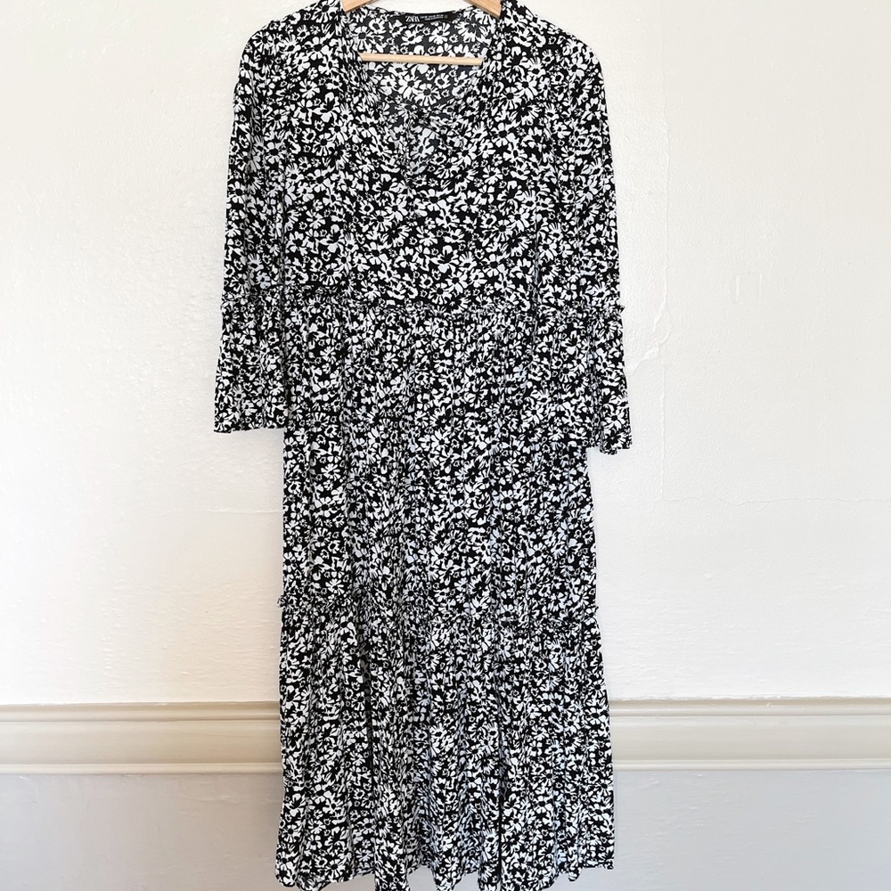 Zara Black and White Floral Midi Dress